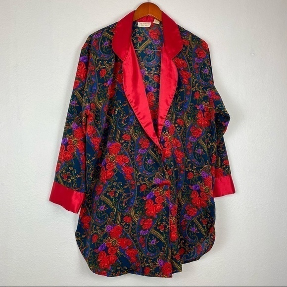 Vintage Victoria’s Secret Red F Green Floral Print Button Spa Style Tunic M - Picture 1 of 10